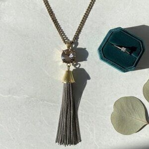 J Crew Gold Tone Chain Gemstone Tassel Pendant Necklace